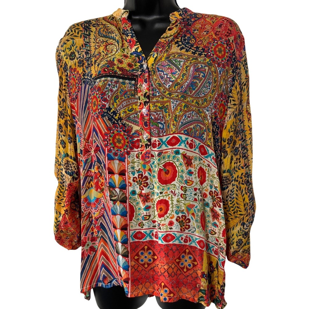 Shana Women XS Mixed Print Patchwork Tunic Top Viscose Silk Henley Boho Multi‎